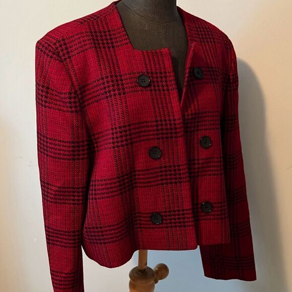 Talbots Women's Red Wool Plaid Square Neck Open Front Cropped Jacket Size 18 - Picture 8 of 12